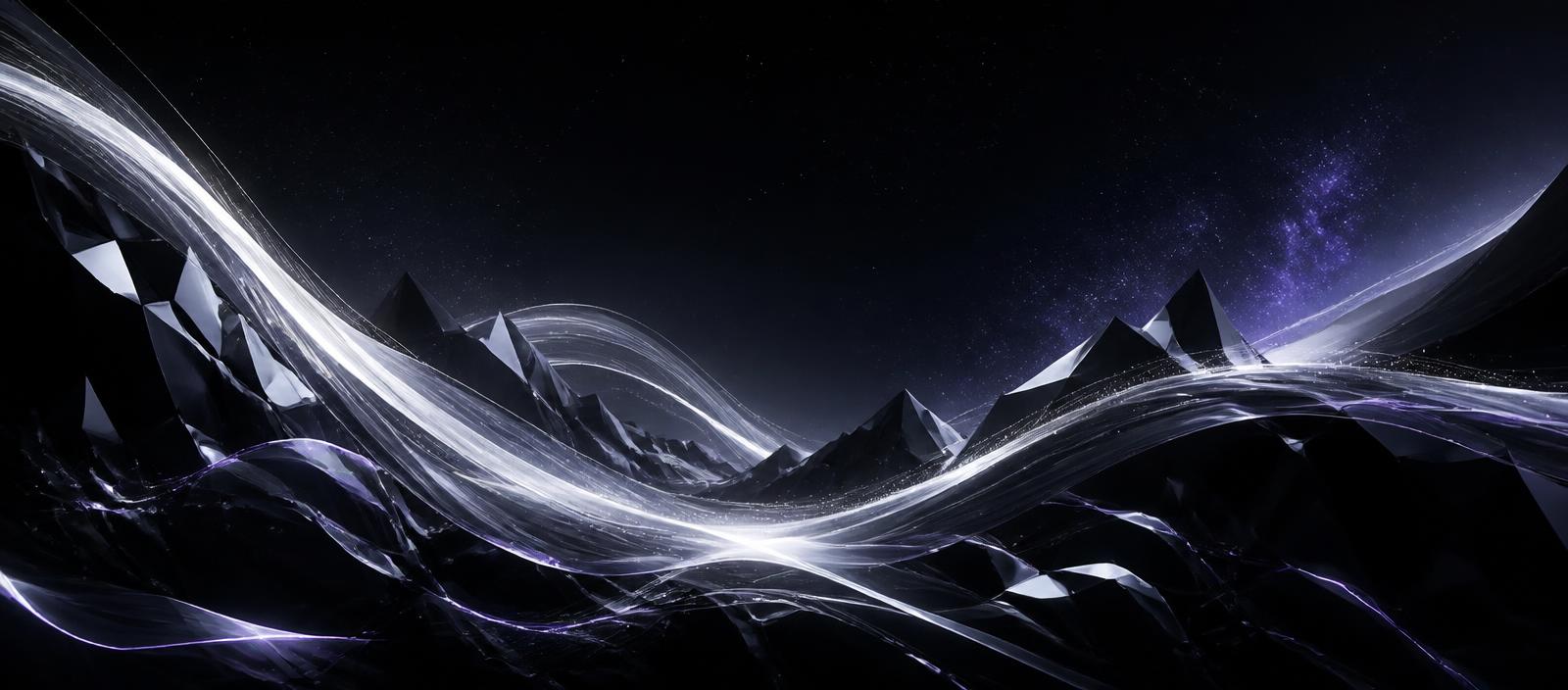 Abstract light ribbons flowing over dark crystalline mountains